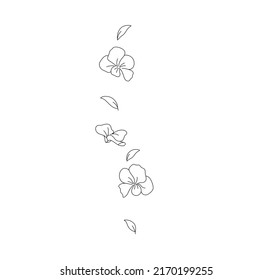 Vector isolated vertically falling flowers with leaves colorless black and white contour line drawing