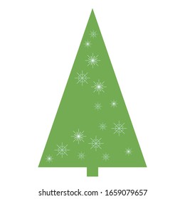 Vector isolated very simple green triangular christmas tree with snowflakes on a white.