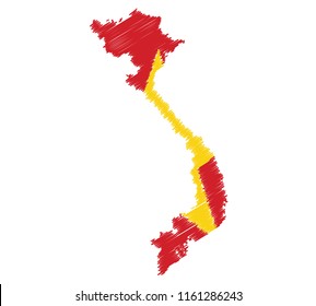 Vector of isolated Vietnam map with the flag. Engraving style hatching pen pencil painting illustration concept.