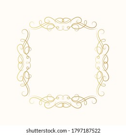 Marco ornamentado de viñeta aislada vectorial para tarjeta de invitación. Borde giratorio dorado vintage dibujado a mano.  Deslizamientos de oro caligráfico.
