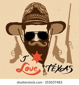 Vector isolated vintage poster "I Love TEXAS". Hand drawn retro guns with sheriff star and man head