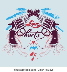 Vector isolated vintage poster "Love hurts". Hand drawn retro guns with arrows and feathers