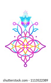 Vector isolated vivid illustration t-shirt design. Geometric symbol of harmony. Lotus floral ornament, acid neon color design element. Eastern style colorful decoration. Yoga logo motifs.