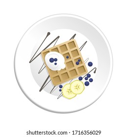 Vector aislado de gofre con crema batida, rodajas de plátano, arándanos y salsa de chokolate en un plato blanco. Vista superior.