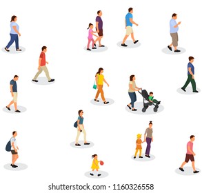 vector, isolated, walking people with children, flat style, set