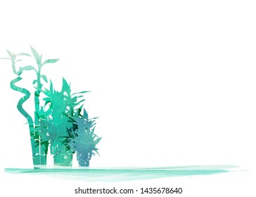 Vector isolated watercolor hand drawn illustration of green organic bamboo plant.  Horizontal background with copy space