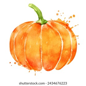 Ilustración aislada de la acuarela del vector de la calabaza con salpicaduras de pintura.