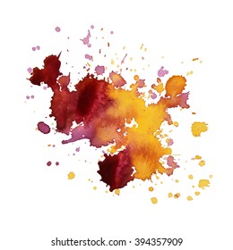 Vector Isolated watercolor red orange pink spot with splashes and drops, grunge element for design