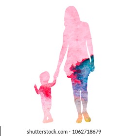 Vector, Isolated Watercolor Silhouette Mother And Child