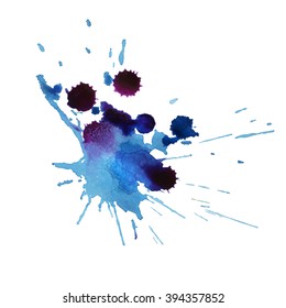Vector Mancha azul violeta de acuarela aislada con salpicaduras y gotas, elemento grunge para el diseño
