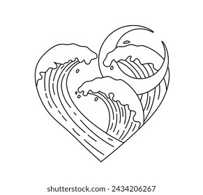 Vector isolated waves heart and crescent moon art colorless black and white contour line easy drawing	