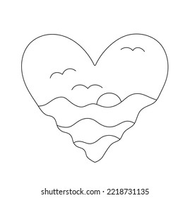 Vector isolated waves   sun inside heart shape colorless black   white contour line easy drawing