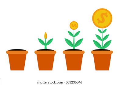 Vector isolated web infographic stages of successful business or financial growth. Money tree in pot. Planting, growth and good result