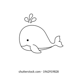 Vector isolated whale line drawing. Cute cartoon tiny small cute whale icon logotype.