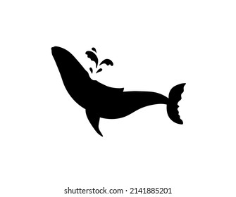 Vector isolated whale splashing with water outline black colored silhouette shadow