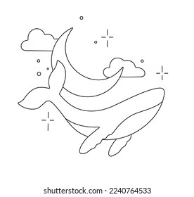 Vector isolated whale swimming in cosmos space sky and crescent moon clouds stars colorless black   white contour line easy drawing
