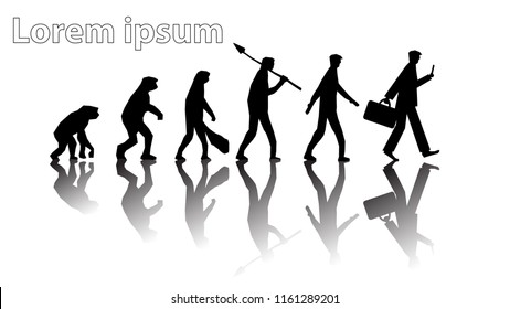 Vector isolated white background black silhouette geometric. Change transformation human innovation evolution change from monkey, caveman, people to businessman in future digital disruption era