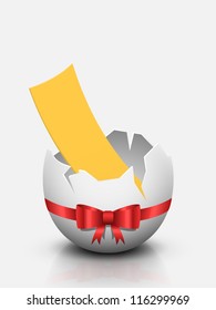 Vector isolated white cracked egg with empty yellow paper piece inside.