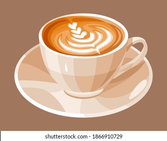 Vector aisló una taza blanca de café. Cappuccino. En el fondo marrón.