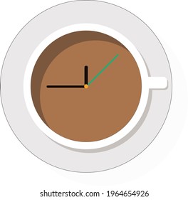 vector isolated white cups of coffee with the clock on the surface. Time management. To do list. Cup of Coffee. Take a break.