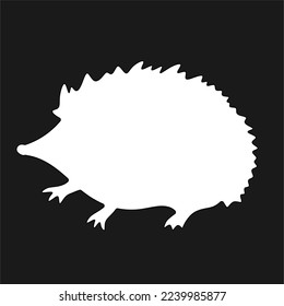Vector isolated white hedgehog with needles side view on black background square pictogram sign