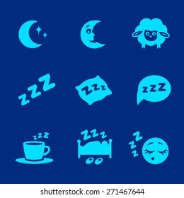 Vector Isolated White Sleep Concept Icons Set Pillow,  Bed, Moon, Sheep And Zzz