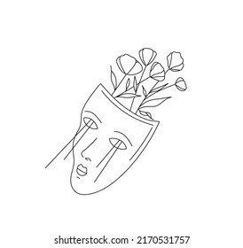 Vector isolated white theatre mask and flowers colorless black   white contour line drawing