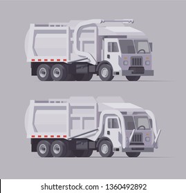 Vector Isolated White Utility Front Loader Garbage Truck Set