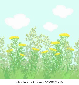 Vector isolated wild tansy flowers, grass, and sage brush
