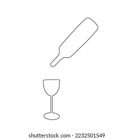 Vector isolated wine bottle and glass colorless black and white closed line contour stencil template for cutting