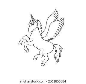 Vector isolated winged unicorn Alicorn contour line drawing. Colorless black and white pegasus unicorn coloring page. 