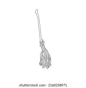 Vector isolated witch's broom with a wooden stick colorless black and white contour line drawing