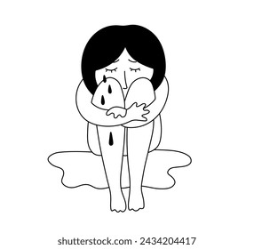 Vector isolated woman crying hanging knees sitting colorless black and white contour line easy drawing