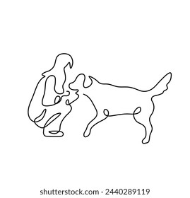 Vector isolated woman with dog side view one single contemporary line art tattoo colorless black and white contour line easy drawing