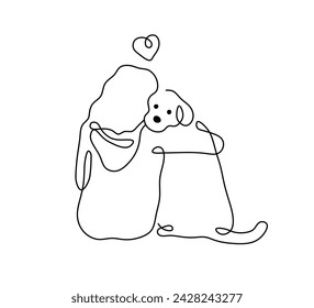 Vector isolated woman hugging with dog one single contemporary line art colorless black and white contour line easy drawing	