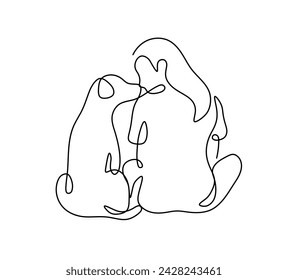Vector isolated woman hugging with dog one single contemporary line art colorless black and white contour line easy drawing