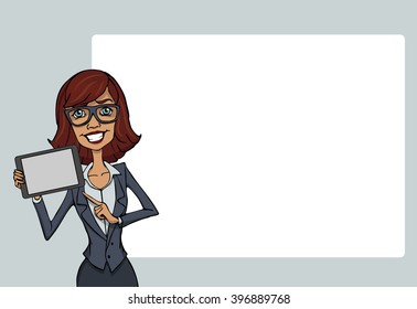 Vector isolated of woman showing tablet screen for presentation app in ballon. Girl with tablet and ballon isolated. Speech in vector balloon isolated. Vector isolated illustration of balloon