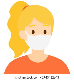Vector isolated a woman is wearing a medical mask to protect herself from COVID-19 with long gold hairstyle on white background, illustration