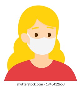 Vector isolated a woman is wearing a medical mask to protect herself from COVID-19 with long gold hair on white background, illustration
