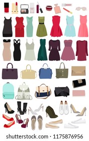 vector, isolated, women, fashion clothes, set