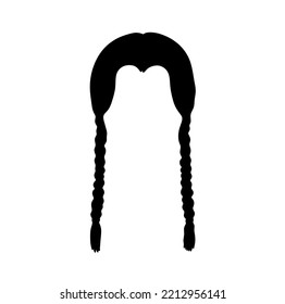 Vector isolated women hairstyle two ponytail braids black hairs wig  colorless black and white outline silhouette shadow shape