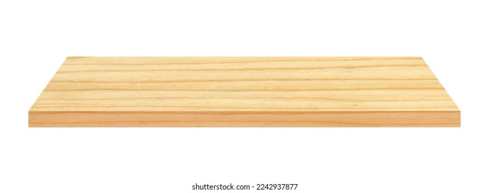 Vector isolated wood table top surface perspective view. Realistic tabletop isometric side. Transparent PNG desk template. Light timber color wooden floor. Kitchen board for presentation product