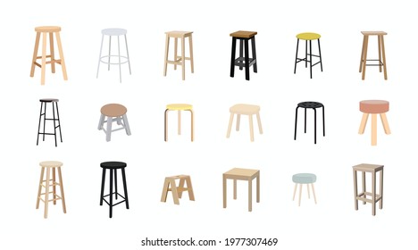 Vector isolated Wooden Stools Set, Vector illustration set of different stools