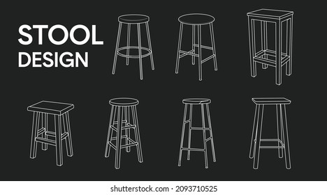Vector isolated Wooden Stools Set. Black and White Stool Set