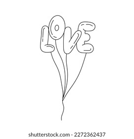 Vector isolated word LOVE balloons with threads letters colorless black and white contour line easy drawing