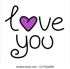 Vector isolated word love with black outline and purple fill of one letter.