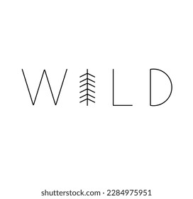 Vector isolated word WILD with fir tree colorless black and white contour line easy drawing