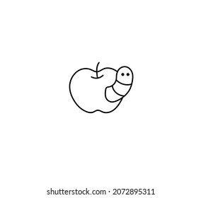 Vector Isolated Wormy Apple Contour Black Line Simple Graphic Drawing. Drawn Apple With Worm Icon, Logotype, Symbol