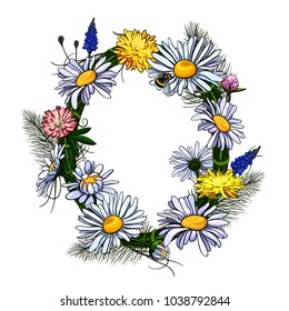 Vector isolated wreath of colorful wildflowers.