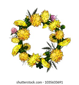 Vector isolated wreath of dandelions and clovers